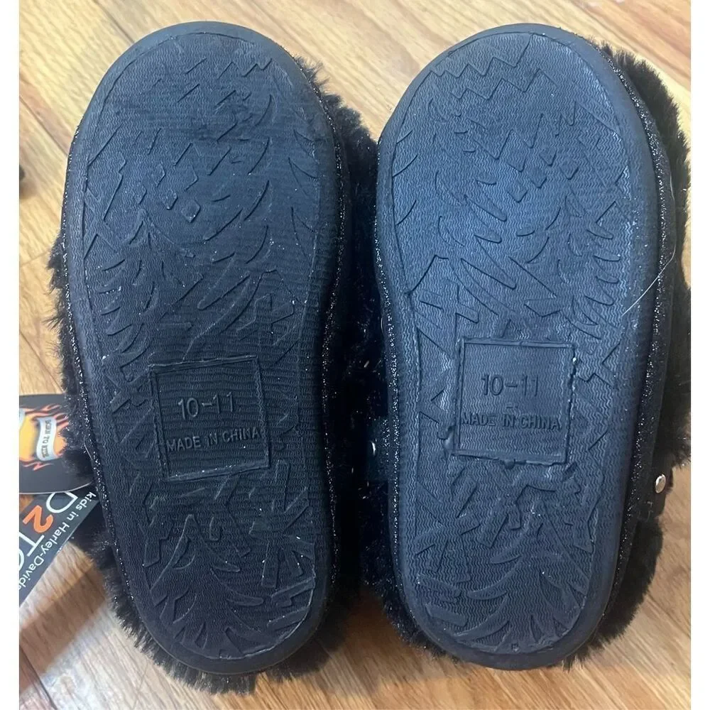 Harley Davidson Toddler Faux Fur Biker Boot Slippers Sz 10-11 Black Branded W Ha